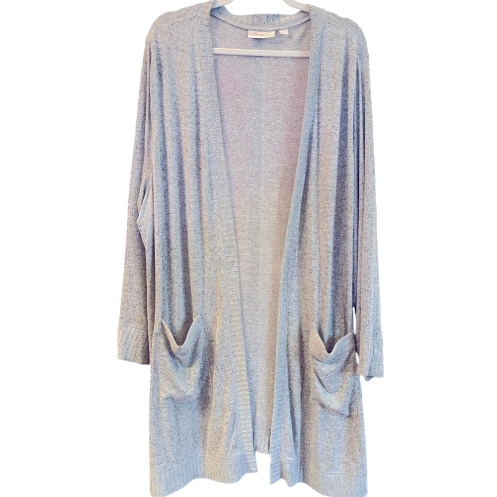 Kim Gravel Brushed Knit Duster Cardigan With Ribbed Trim. Heather Gray. 2X